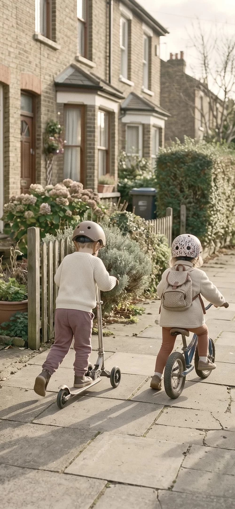 Two children heading out together on a scooter and a bicycle on a leafy neighbourhood street